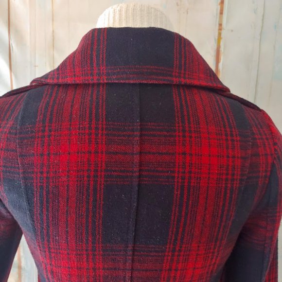 Old Navy plaid wool lined button heavy pea coat/XS/red & navy blue - Picture 6 of 11